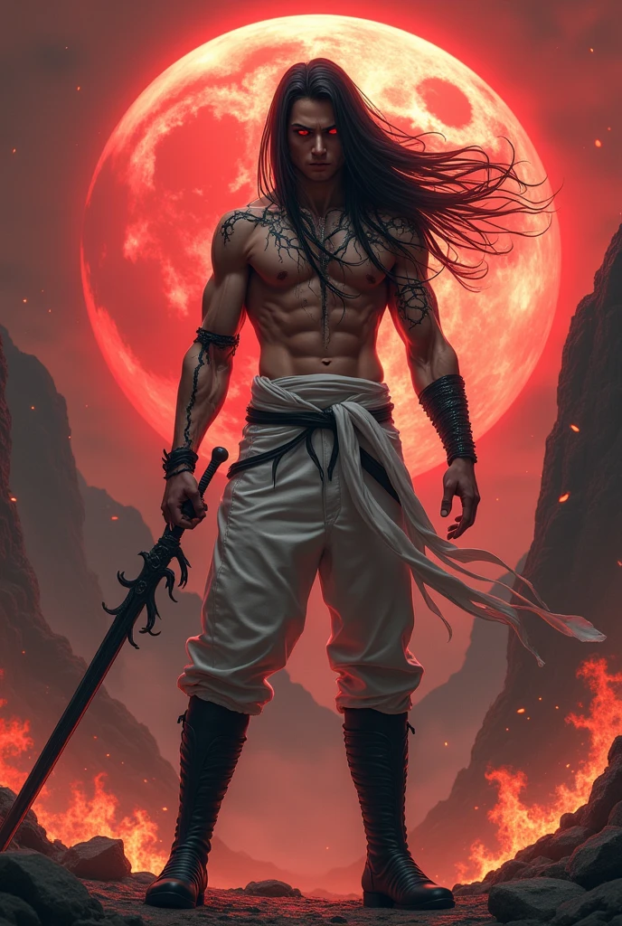 Background of fire surrounding mountains and red sky with a giant blood moon Front Young white man in his 20s Muscular defined face without beard Bright red eyes Long straight black hair flying in the wind White leather pants No shirt Black steel boots that extend to the knee Holding Black steel sword with handle wrapped in white ribbon Black steel bracer Dark, sinuous lines across the body spreading like roots 