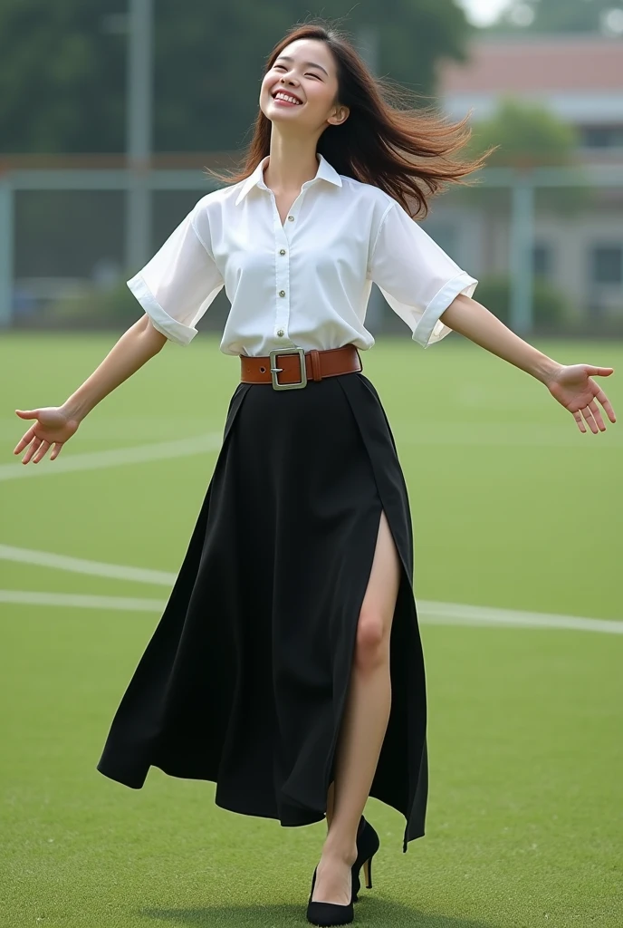 Thai-chinese model, Thai university uniform:1.4, black slit long maxi skirt, slim and perfect figure, medium breasts, emphasize on breasts and hip and bottoms and thighs, rule of thirds, white cotton plain tight between cap-sleeve and short-sleeve button up shirt for woman, brown suede belt, silver minimal square plain plate belt buckle, silver shirt buttons, dynamic compositions, slender, photorealistic, gorgeous face, open mouth, smiling, full body shot, rule of thirds, arch her back:1.4, stretch her arms wide to the side:1.4, open hands against the wind:1.4, tilt her head back:1.4, black plain low heels, in the soccer field, lordosis:1.4, keep feet together:1.4