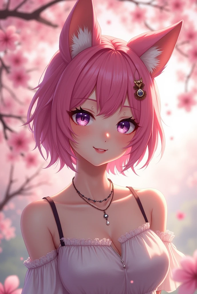 1 girl, realistic, (I look at the viewer:1), (Oljan-6500:0.66), hips, only legs, dappled sunlight, Best quality, ultra high resolution, (photorealistic:1.4), YaeMiko, fox ears, short hair, pink hair, Yes_sakura, Jewelry, Cherry blossoms, (smile:1), only_shoulders, hair_ornament, violet_eyes, , isolated_sleeves, , detailed eyes,, (light smile:1), , (Small breasts:1.4), , (only upper body:1.4), , (puffy nipples:1),, hands behind your back,