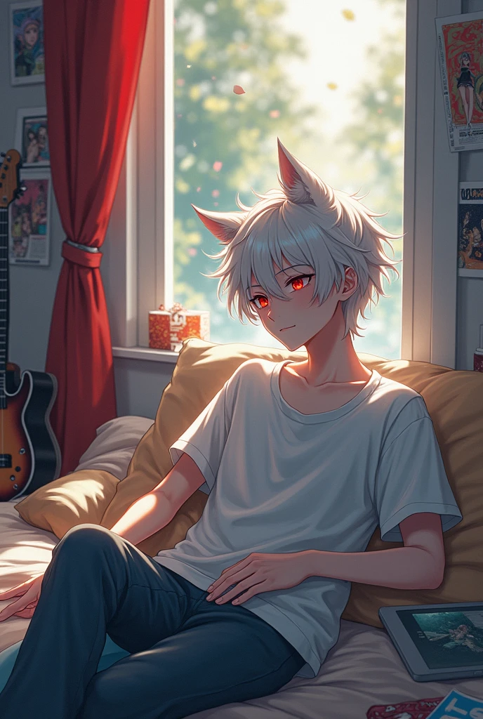 An anime boy who looks , tall and thin with short white hair., with small red eyes , by tez clara, with wolf ears, dressed comfortably, resting at home. Her hair is messy and her unkempt yet charming look is accentuated by her casual clothes., consisting mainly of a baggy t-shirt and shortsThe room around him is typical of a ager's room, full of comics, a musical instrument, maybe a guitar and a laptop,
