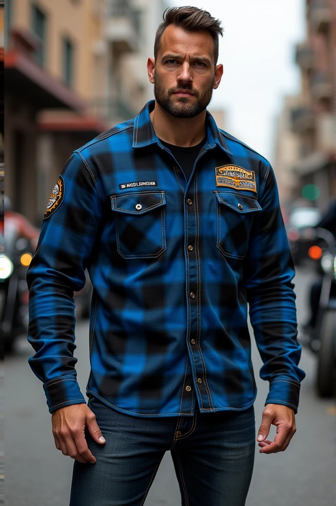 Create a blue and black long-sleeved flannel for a Bikers uniform