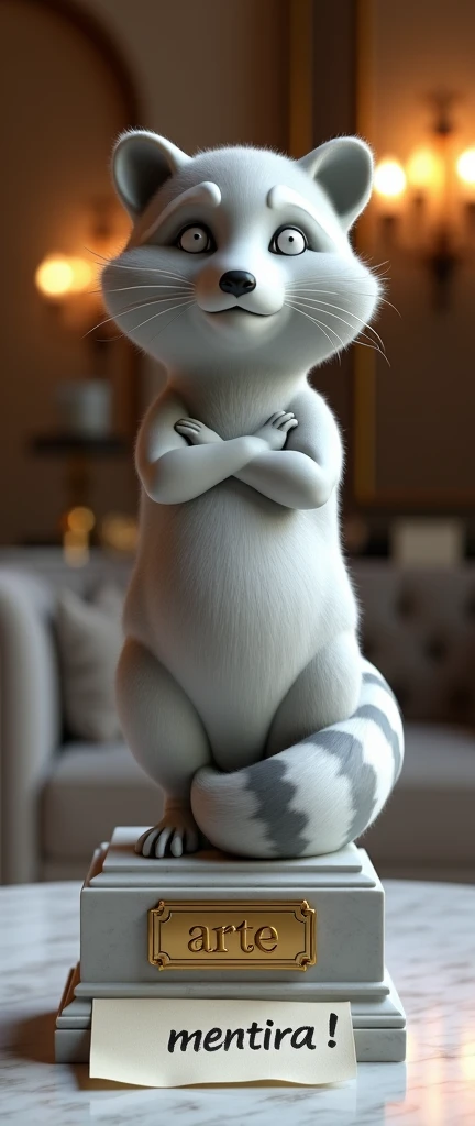 A striking conceptual 3D render of a magnificent grey marble sculpture of a plump and adorable baby raccoon in an upscale museum setting. The sculpture, standing proudly on a pedestal, is surrounded by elegant furnishings and bathed in warm, soft lighting. The background, artfully blurred with a bokeh effect, emphasizes the opulent atmosphere of the museum. A golden plaque beneath the artwork showcases the word "Arte" in exquisite typography. Intriguingly, a piece of paper with the word "Mentira!" scrawled in marker lies beneath the artwork, adding a thought-provoking layer to the scene. The captivating form of the sculpture and the contrasting message create a sense of intrigue and contemplation, making this piece a truly unique and conceptual artwork.