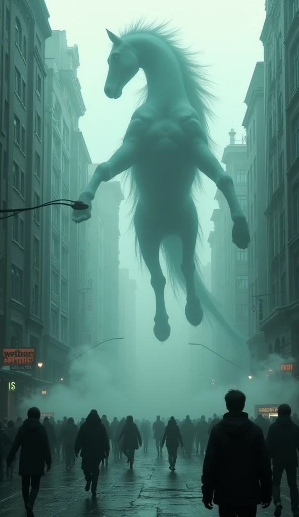 horror scene from a movie, giant tall scary mix breed of shark and horse figures semi transparent apparitions floating and flying, smoke on the floor, in city street, running crowd running away