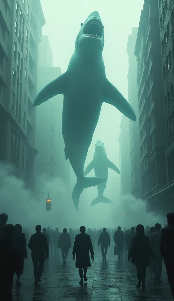 horror scene from a movie, giant tall scary mix breed of shark and horse figures semi transparent apparitions floating and flying, smoke on the floor,  in city street, running crowd running away