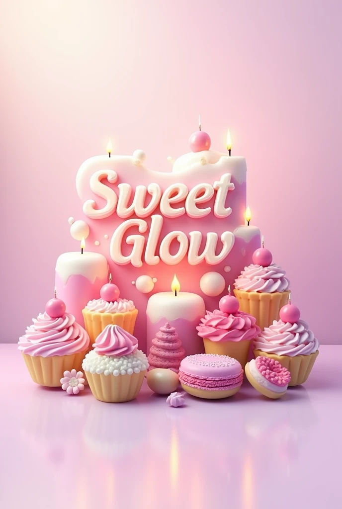 Create a logo with the name Sweet Glow handmade candles, pink and lilac color, Candles in the shape of desserts, bubble font, large print like chewing gum, elegant 