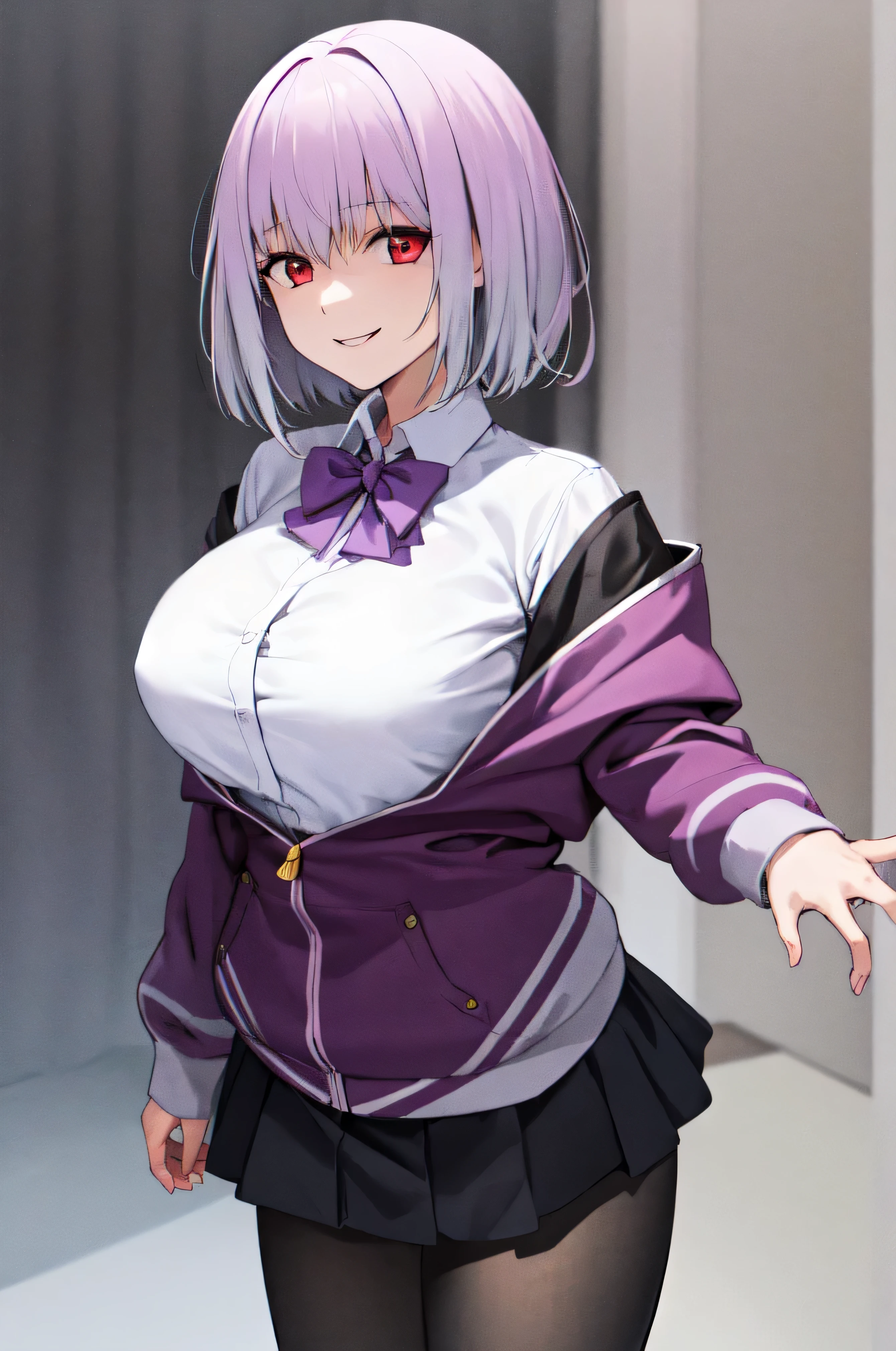 male, short hair, Red eyes, Large Breasts, Purple bow tie, Collared shirt, White shirt, Purple Jacket, Partially defrosted, Long sleeve, Sleeves are longer than the wrist, Pleated skirt, Black Skirt, pantyhose, smile, Waist clothes, night, dark, room, Shine, Backlight, Open your mouth, Leaning forward, , View your viewers, Hollow Eyes, masterpiece, Highest quality, High resolution, Nice hands, Perfect hands, Cowboy Shot,Too evil smile,smile the worst,Looking down at the viewer,Smile at its worst,Devilish Laugh,Dark shadowed face,Smile face,big monster ,Dark purple background,both hands,Five Fingers,Two legs,, Dark shadowed face,A sadistic smile,Malice,Contempt,smile,both hands,Two legs,Five Fingers,solo,Decorated with skulls. background, A mountain of skulls beneath