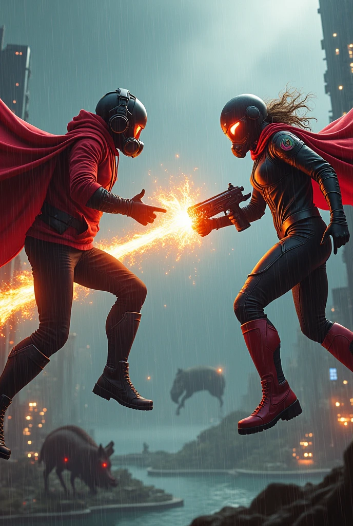 Young Star-lord with red hoodie, headphones, star-lord helmet, gas helmet, covered mouth, round red eyes, Red eyes, magic rings in the hands and rocket boots vs, lady Star-lord, Fighting, power, fiction, full body, magic lasso, hog, fall, fire in boots, poweful spells, realistic, helmet, mask, red cape, confrontation, punch, gun, flying in the sky, view of the city from above, rain, fighting, Black gloves, ocean floor, face cover, free hair, front cover
