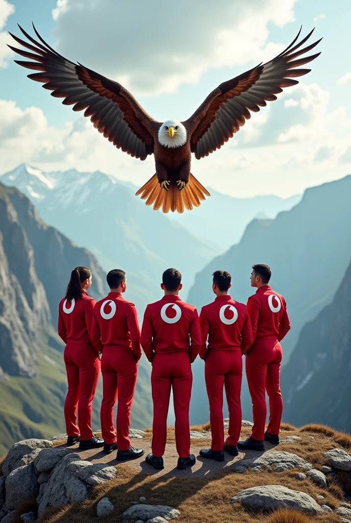 Vodafone Staff dressed Red and White logo uniform assemble in a V Shape on a Mountain overlook to the valley with a big eagle flying and carrying Vodafone Logo.
