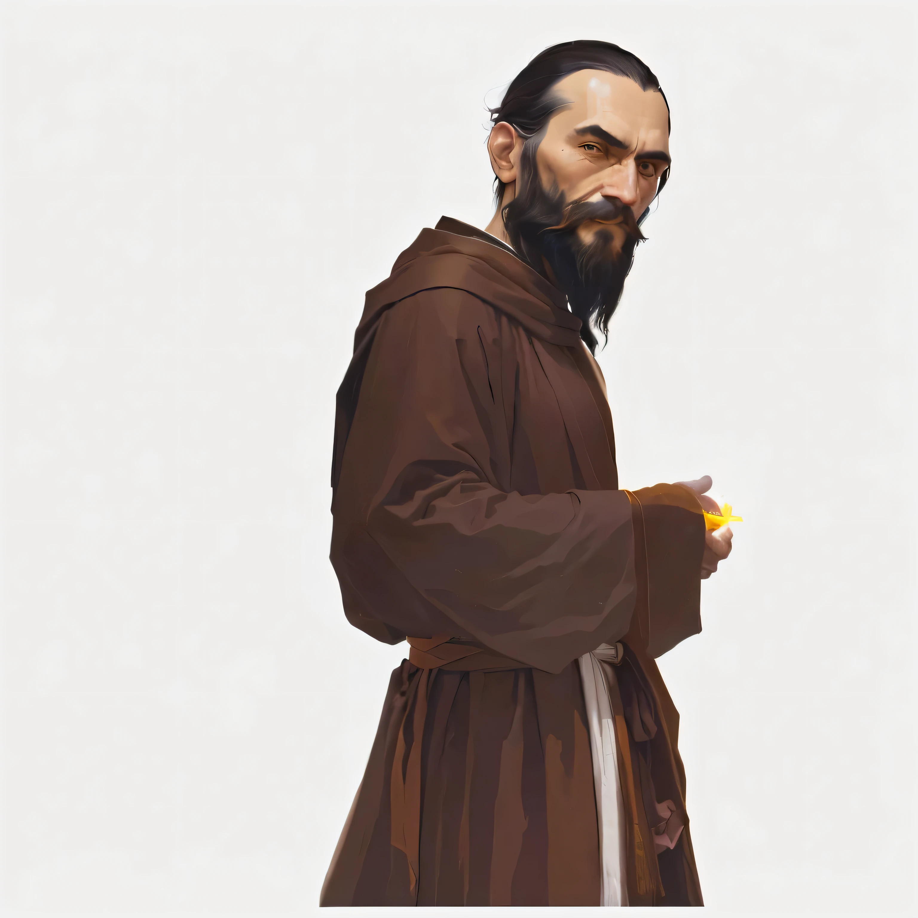 Color image of a man in a brown robe holding a yellow object., concept art of a monk, digitally painted, Inspired by Oswaldo Viteri, monk, Rasputin as a Grubhub character, inspired by Taddeo Gaddi, inspired by Francisco de Zurbarán, inspired by Óscar Domínguez, wearing brown robes