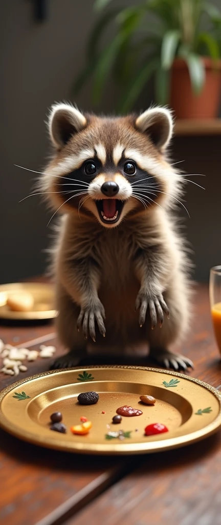 A photo of a cute, extra fluffy baby raccoon with its mouth wide open in horror. The raccoon accidentally knocks over a dinner dish plate with a charming golden image of Mickey and Minnie Mouse. The plate is on a wooden table. The dishes and food spill across the floor, creating a chaotic scene. The table setting is clean and rustic. The overall atmosphere captures the essence of unintentional mischief, regret, and the whimsical nature of the raccoon's actions.