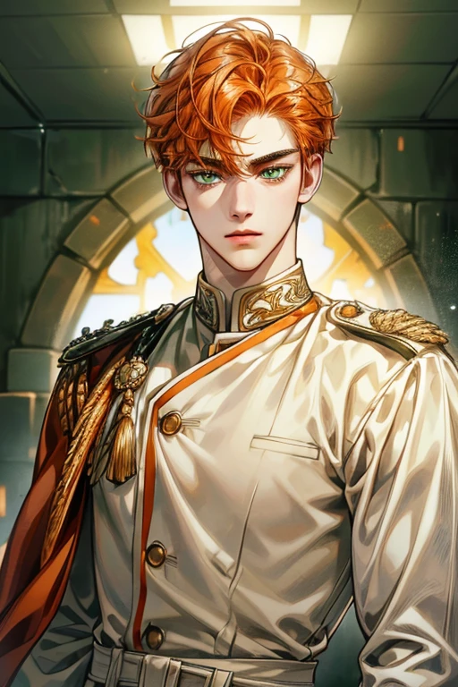 high resolution 8k, has a big build and bulky 15years old Boy, Handsome, Perfect face detail, detailed eyes and face, clean shaved, Ginger eyebrow hair, Ginger eyelashes, dynamic lighting, unreal engine, hd picture, bright-orange colored hair, short-right-swept hair ,green eyes, white skin, cadet, full dress uniform