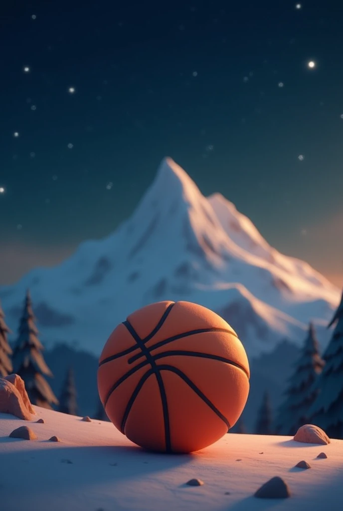 It&#39;s a poetic scene in vintage 3d cartoon with a basketball in the foreground and a huge mountain in the background with a starry sky.
 