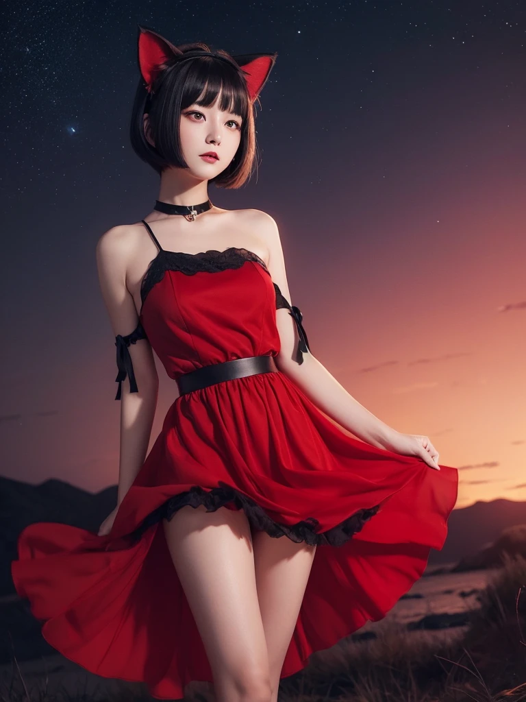 Delicate and dainty young woman with shiny bob-cut black hair and cat ears. She is wearing red only symple dress with mini-skirt. The background is a fantastic and ethereal night sky that seems to be haunted by a specter. Her expression is stern and atmospheric.