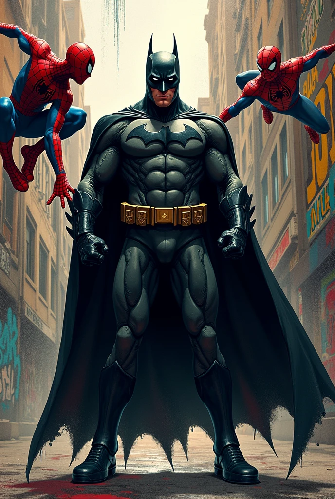 An image of Batman in the center with Spiderman swinging on a web in the background in graffiti style