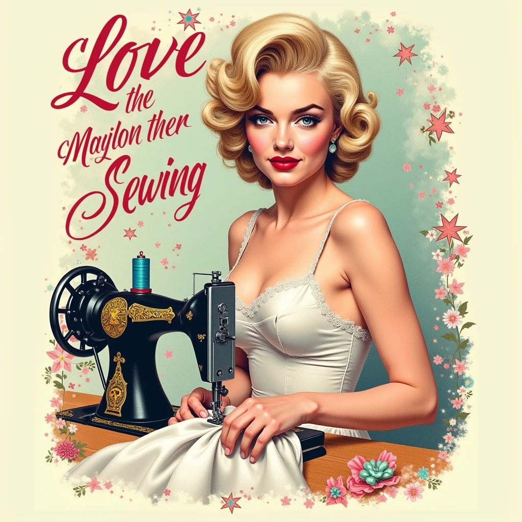 t-shirt print, colorful with a vintage style like marilyn monroe as she is sewing her white dress, with solgan "Retro Patterns, Sewn with Love" in feminin font