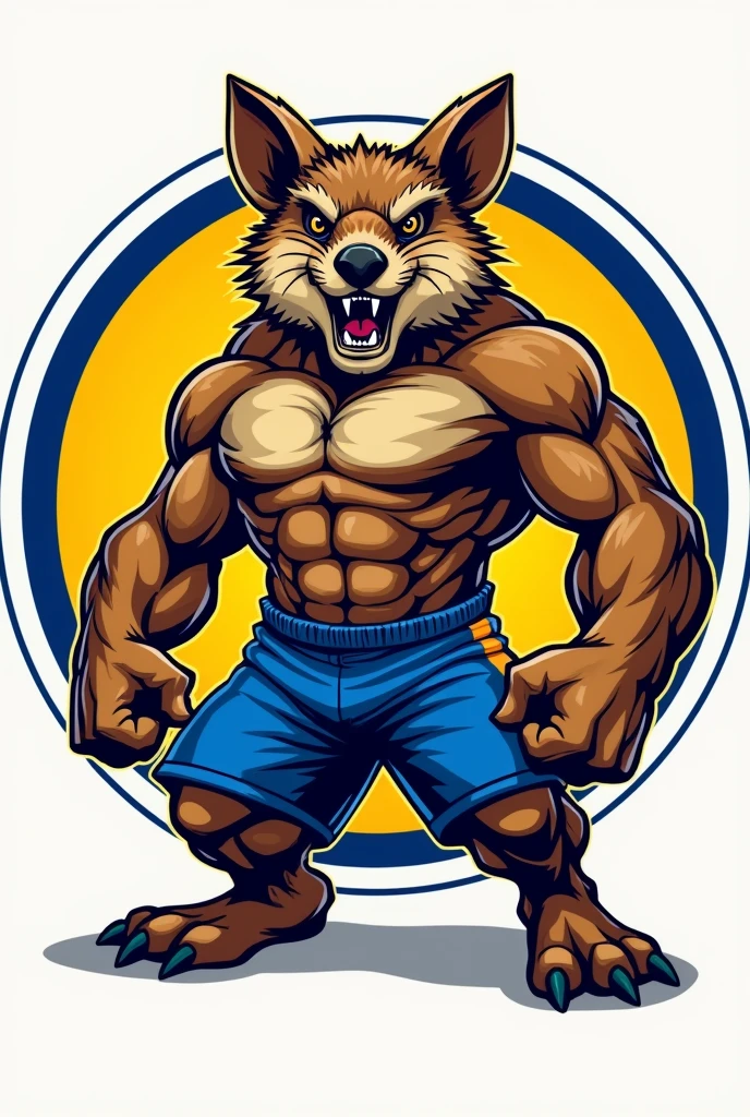 create an illustration of an anthropomorphic and hypertrophied agouti, wearing blue shorts, within a yellow circular frame, frame border should be blue and white. The centralized body, facing the front, the flexed muscles, the aggressive face, leave with fur texture, mainly on the face. The illustration will be used for a university athletics logo..