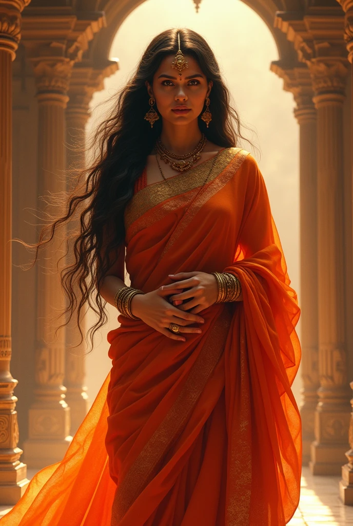 Goddess Sita,fiery saree dress,ancient look,fiery background,ancient royal palace background, bravo face,long hair.pair hand on belly
