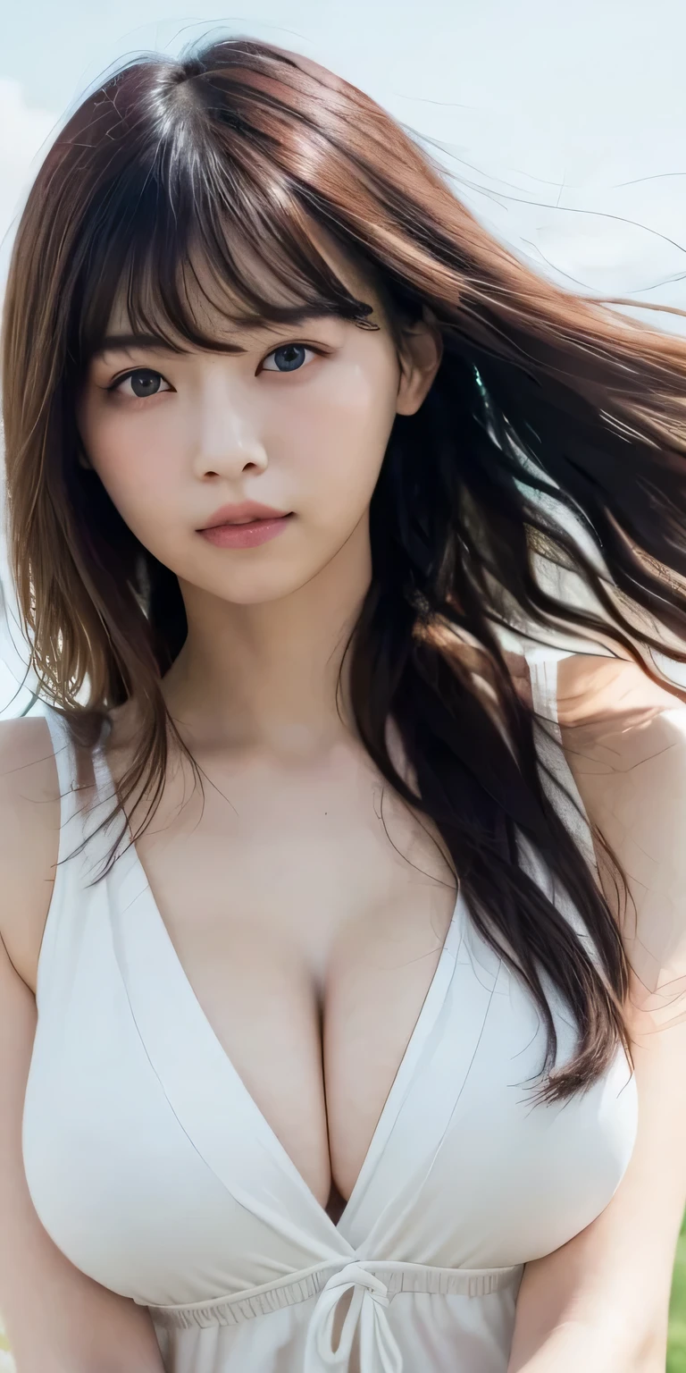masterpiece、Highest quality, Ultra-high resolution、8k,photograph、1 girl, (Skin dents), (Large Breasts:1.4), bright, , (Asymmetrical bangs, Please comb your hair、very long wavy hair:1.5), (Floating Hair:1.0)、(A loose, cherry-colored blouse with a relaxed fit)、Big breasts that can be seen even with clothes on、(Cleavage)、soft, drooping udder、Heterochromia iridis、sad、grassland、Spring Sky、Soft sunlight