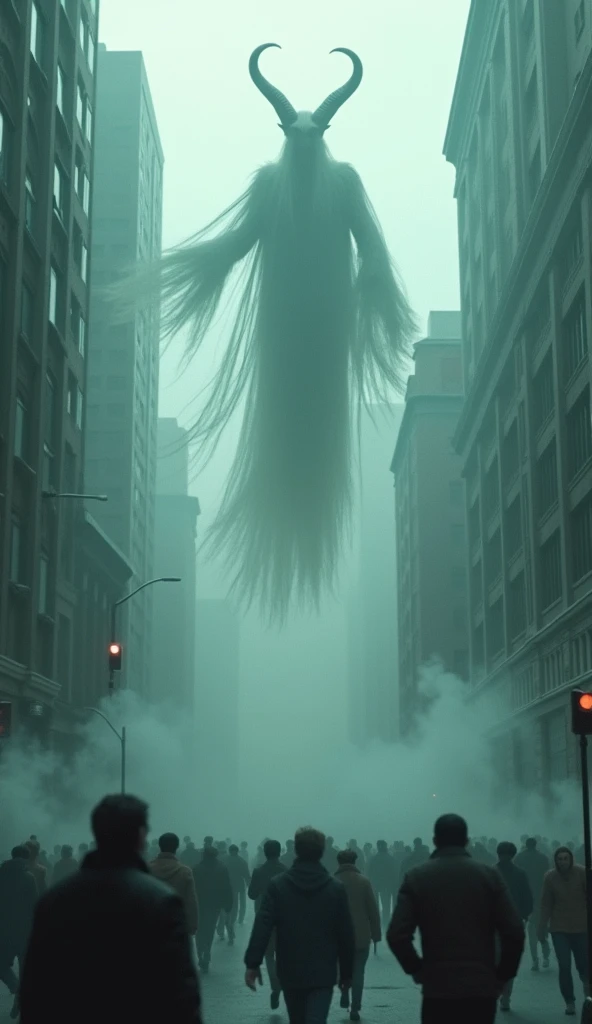 horror scene from a movie, giant tall horn figures semi transparent apparitions floating and flying, smoke on the floor, in city street, running crowd running away
