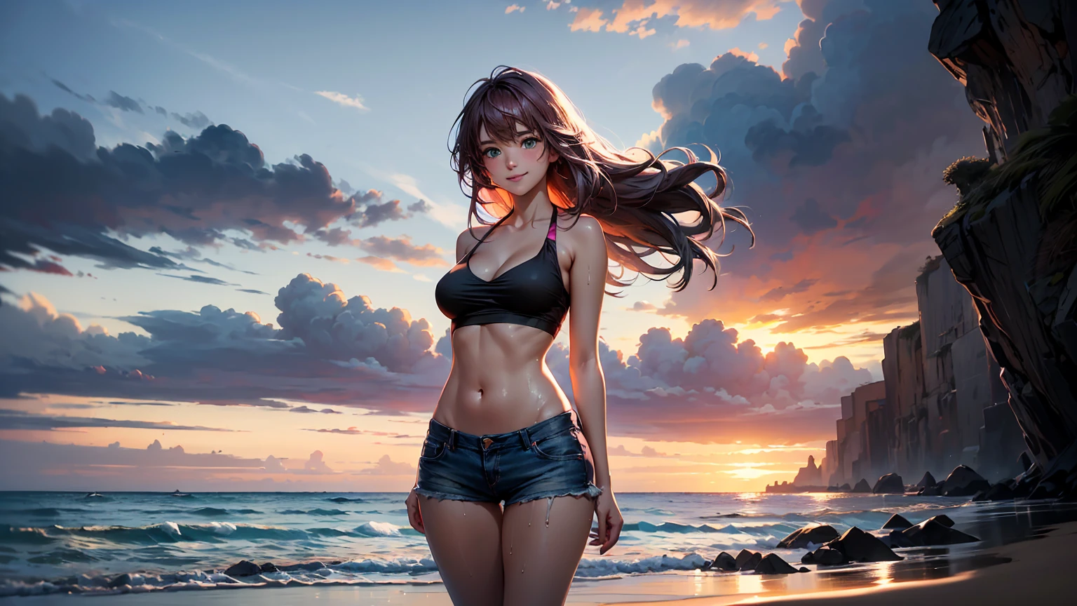 Create a high-quality, realistic image of a beautiful anime girl at the beach during sunset. She has long, flowing pink hair that cascades down her back, and her captivating green eyes have a subtle glow, reflecting the fading sunlight. The girl is wearing a bikini that highlights her curvy figure, along with a see-through tank top that clings slightly to her skin, wet from the ocean waves. Her shy yet inviting smile reveals a sense of warmth and playfulness, enhanced by a gentle blush on her cheeks. Her shorts are short and snug, and the soft fabric accentuates the natural curves of her body. The scene is set at dusk, with the sky painted in hues of orange and pink, and the beach bathed in the warm, golden light of the setting sun. The sand beneath her feet is slightly wet, and she stands near the water's edge, the waves gently lapping at her toes. Her posture is relaxed, yet she exudes a quiet confidence, making the scene both serene and subtly alluring. The overall atmosphere is one of tranquility, with the soft glow of the evening sun casting long shadows and creating a dreamlike, romantic mood.