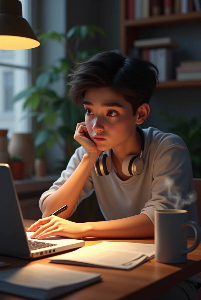gamer boy, calm, soft, 23 years old, sitting in front of pc, in thought