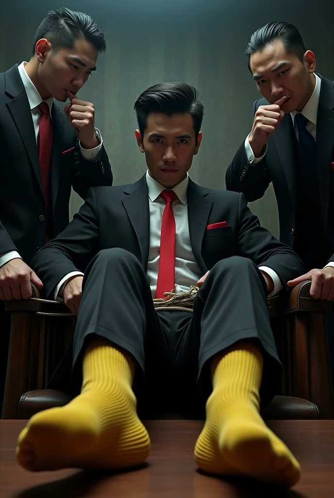 malay handsome 23 years 
His hand tied up behind with rope on woodenchair 
Feathers point at his feet
Black Suit and Red tie
feet on desk
5 toes each feet 
Yellow stinky sock
Two mafia pinch thier nose