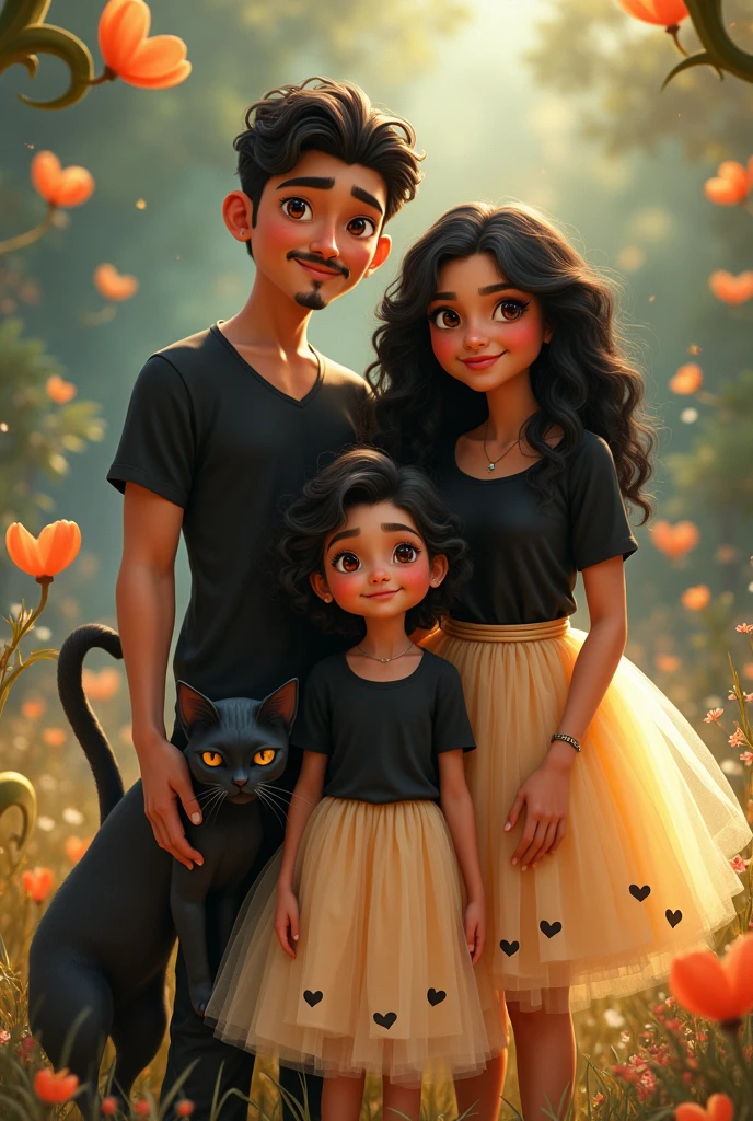 A child with wavy black hair,dark shaped eyes, brazilian features, wearing a black blouse,a beige tulle skirt with a heart print ,black man holding a black cat, together with parents ,white man black hair brown eyes wearing black square glasses ,The black woman ,chubby ,cabelo cacheado preto wearing a black blouse e uma saia bege de tule com Coraçãozinho preto, in a magical setting