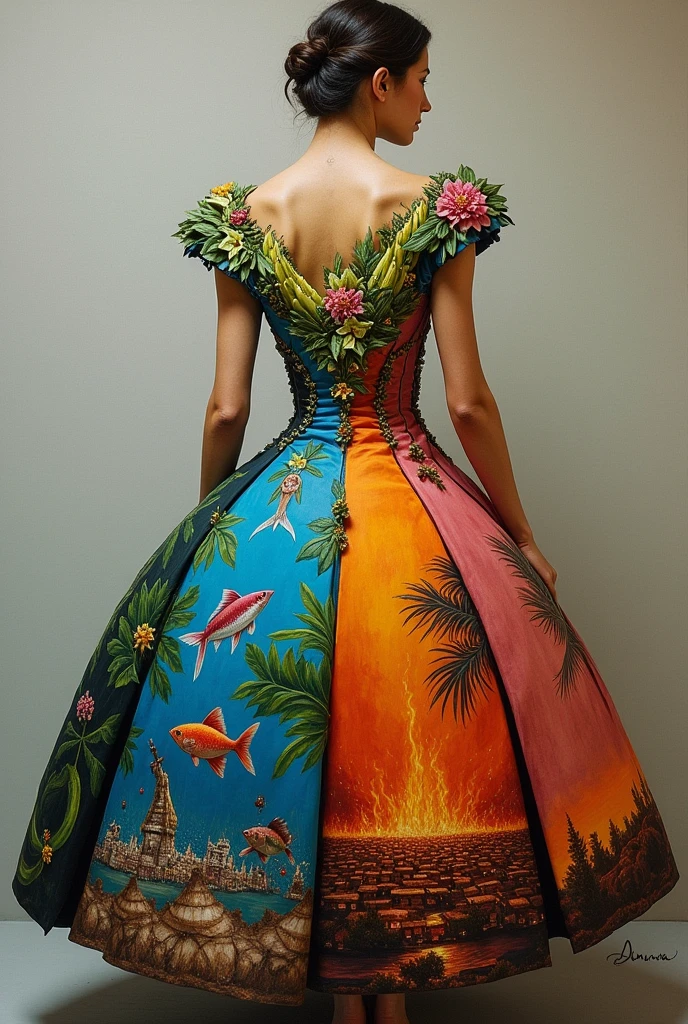 Painted dress in which it is divided into four parts and in the first part a banana tree with many leaves is tied together, the second section a fish, The third is the Papantla flyers and the fourth is a town on fire at parties., that it looks more real, much more real, The dress is fine but it should look a little more real, that it looks more real es vestido