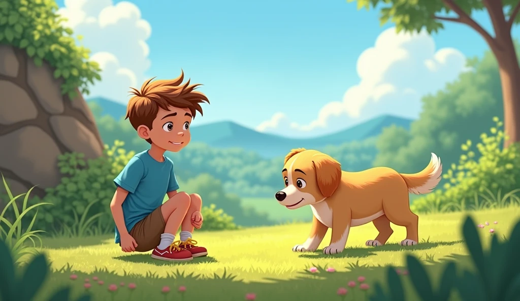 Boy in a blue t-shirt and brown shorts tying his shoes next to his golden dog