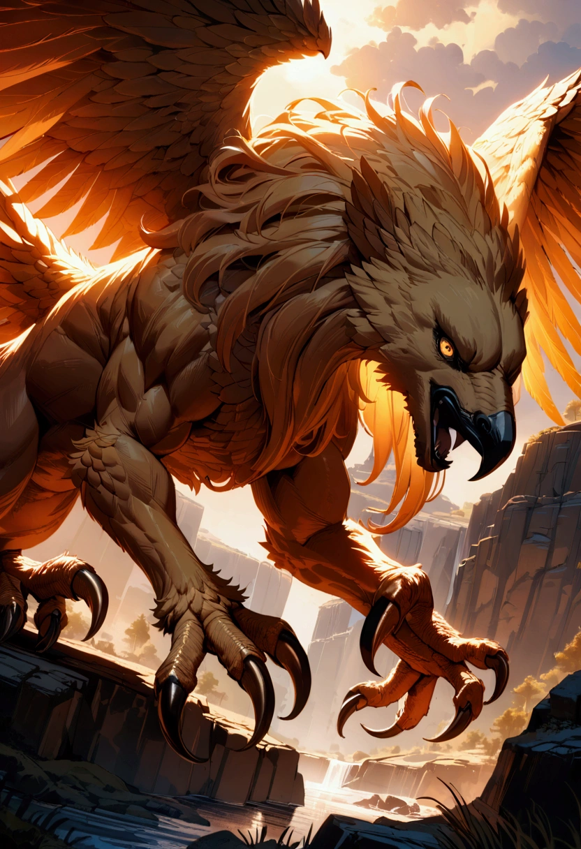 Griffin, a griffin, highly detailed, cinematic lighting, dramatic angle, fantasy art, muscular body, sharp talons, piercing eyes, majestic wings, powerful presence, rugged terrain, golden hour, dramatic shadows, intricate feather texture, flowing mane, 8k, masterpiece, best quality, very aesthetic, absurdres