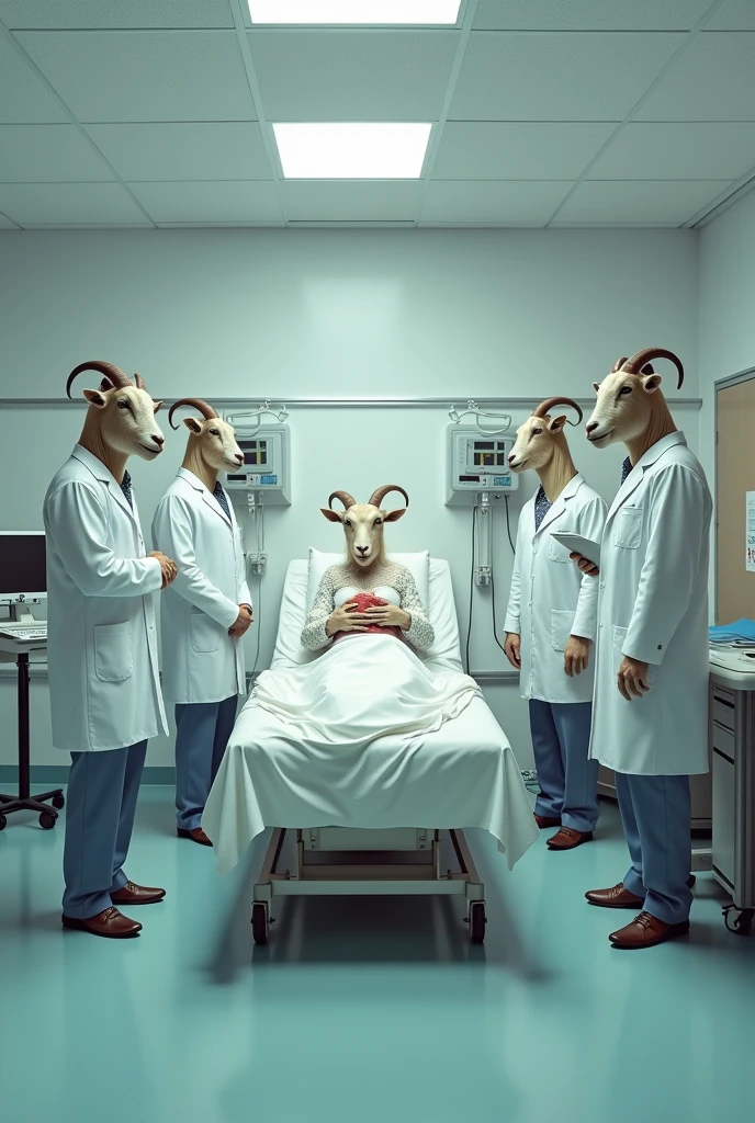 Panoramic view with an elegantly dressed goat in a hospital, qui est entrain d'accoucher un petit chèvre. Avec des docteurs chèvre qui sont à côté du lit avec des blouses blanches 