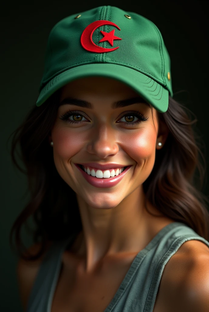 Fat woman wearing a baseball cap with the Algerian flag, (front focus), Ultra Realistic Portrait, David Hockney and Alphonse Mucha, Smile, Photorealistic, Dynamic Lighting, Art Station, Poster, Volumetric Lighting, Side Lighting, Highly Detailed Faces, 4K, Award Winning, Single Woman in Darkness, Deep Shadow, Low Key,