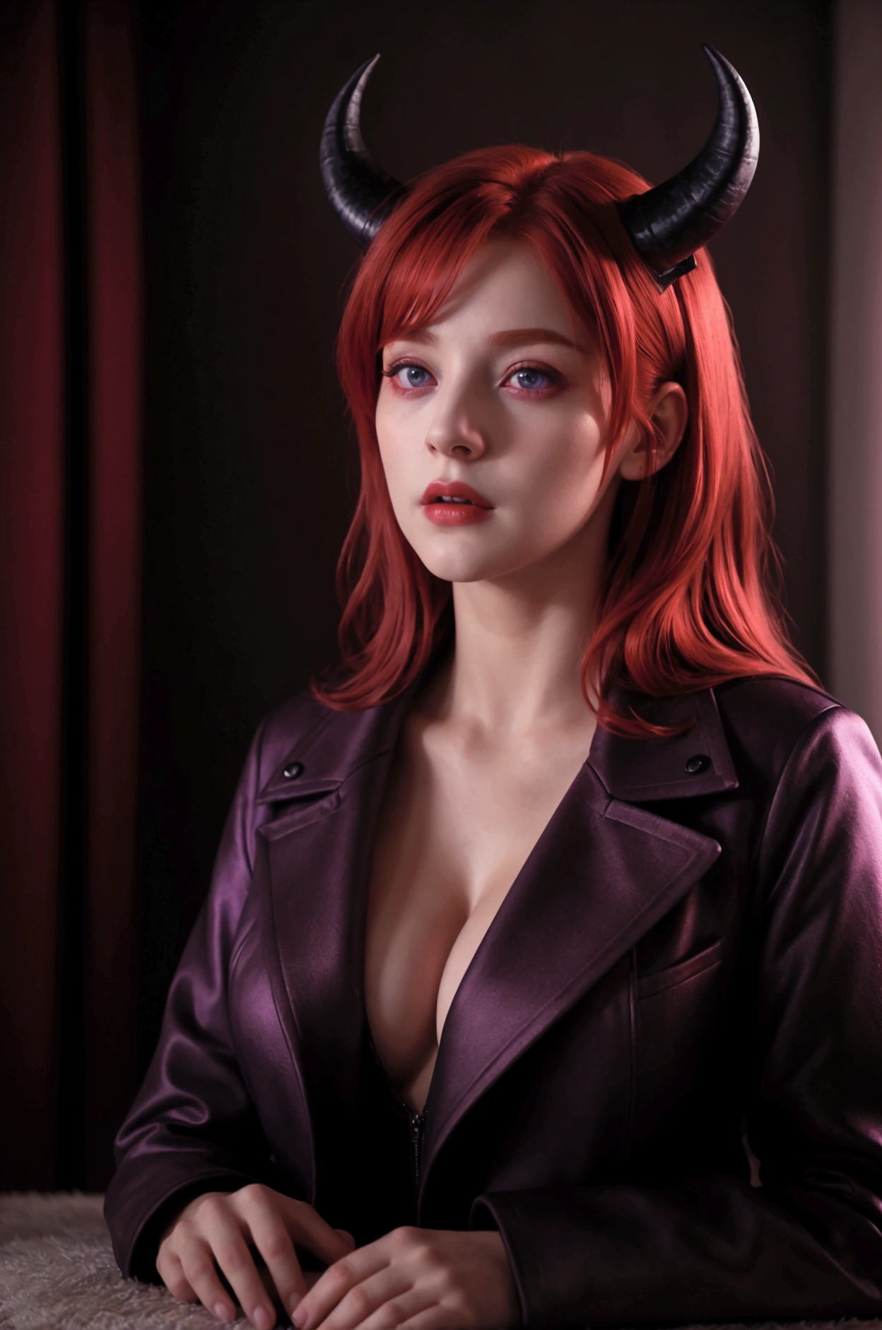 4k, 8k, masterpiece, best quality, upper body, 1girl, looking at viewer, red hair, medium hair, purple eyes, demon horns, black coat, indoors, dimly lit, the age of the actress is 2, open bust