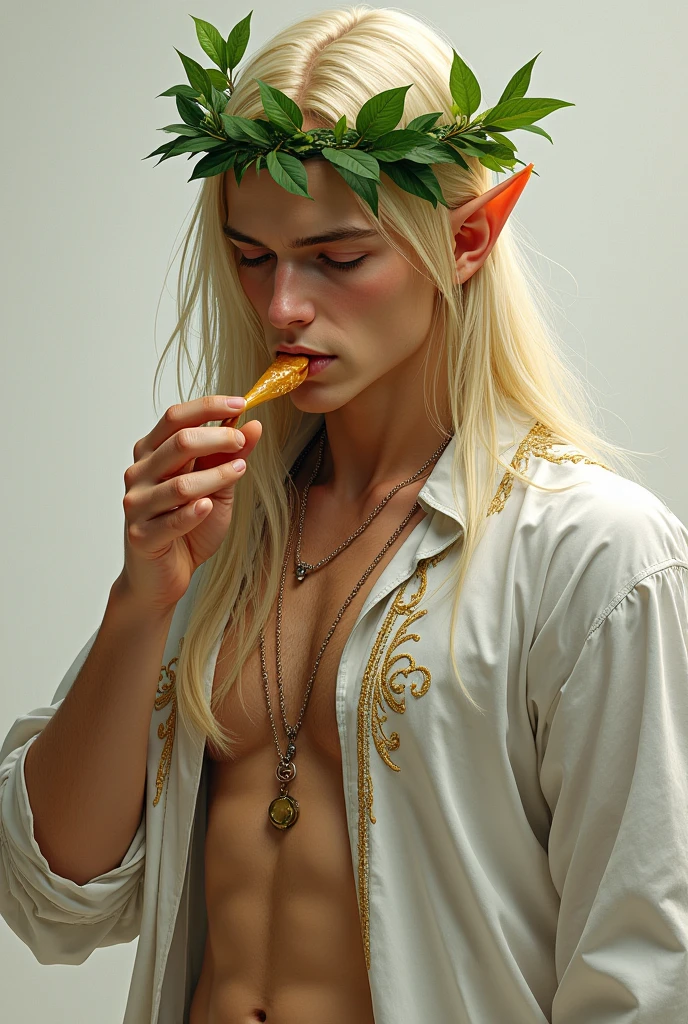 A handsome male elf with long blonde hair and pale skin, sharp eyes, glossy lips, judgemental eyebrows, wearing a white loose elven shirt with gold embroidery. Green leaf crown. Gold embroidery. Focus on his penis, Action lines, motion, jerking himself off, closed eyes heavy blush, biting lip hard, stroking cock fast, nsfw, speed lines on his hand. Peeing everywhere. Piss coming out. Peeing on camera view. His eyes rolling back.