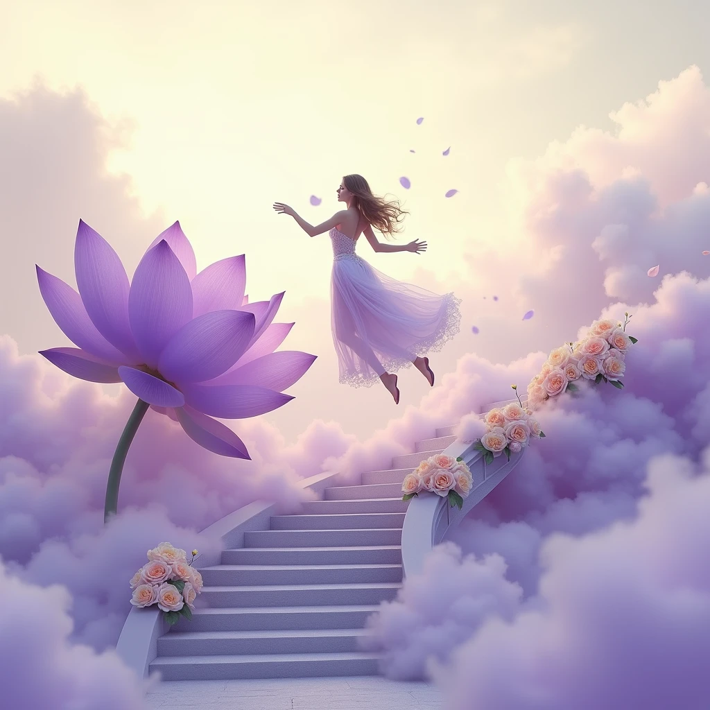 Running on the clouds, background color pale yellow in the distance from the fog around and at the feet, minimalist, elegant, pure gentle, Soft bright light, veil,lace, beautiful white summer house with canlilabra, photorealistic. Giant purple lotus , with huge and long purple petals. (petal made of thin and soft tulle, flowing petals full background, floating petals, hyperflying petals, at the feet Mixture of purple smoke and fog effects from colored blue fog on the ground and petals). Extravagant, beautiful woman full length, nice legs,shoes, in a fast dance in a flying pose, lace,gold,white staircase, strewn with pale pink and yellow roses