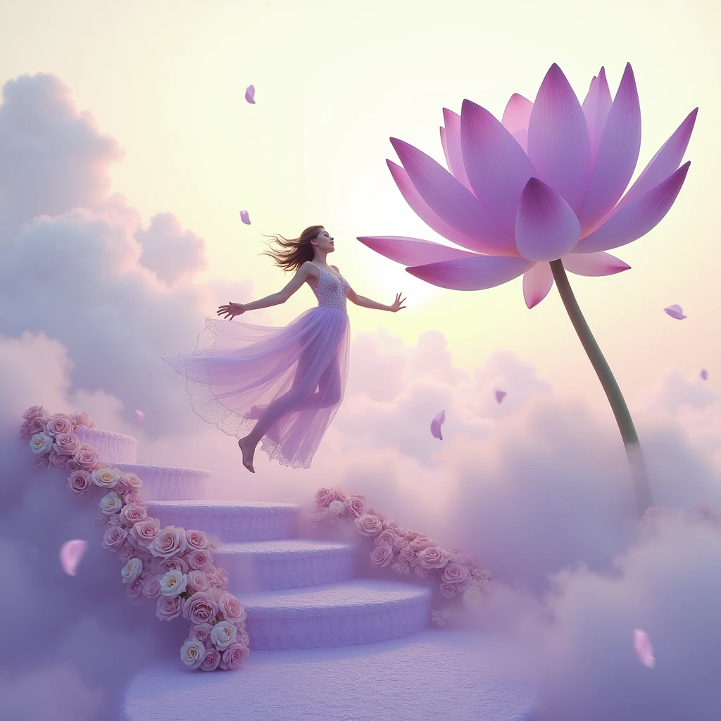 Running on the clouds, background color pale yellow in the distance from the fog around and at the feet, minimalist, elegant, pure gentle, Soft bright light, veil,lace, beautiful white summer house with canlilabra, photorealistic. Giant purple lotus , with huge and long purple petals. (petal made of thin and soft tulle, flowing petals full background, floating petals, hyperflying petals, at the feet Mixture of purple smoke and fog effects from colored blue fog on the ground and petals). Extravagant, beautiful woman full length, nice legs,shoes, in a fast dance in a flying pose, lace,gold,white staircase, strewn with pale pink and yellow roses
