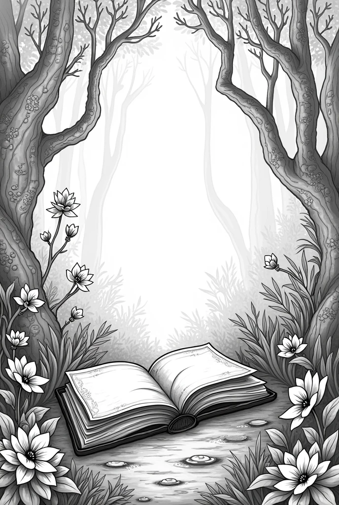 Create me a coloring page of a magical forest with an enchanted book, for coloring with large white areas and strong black lines