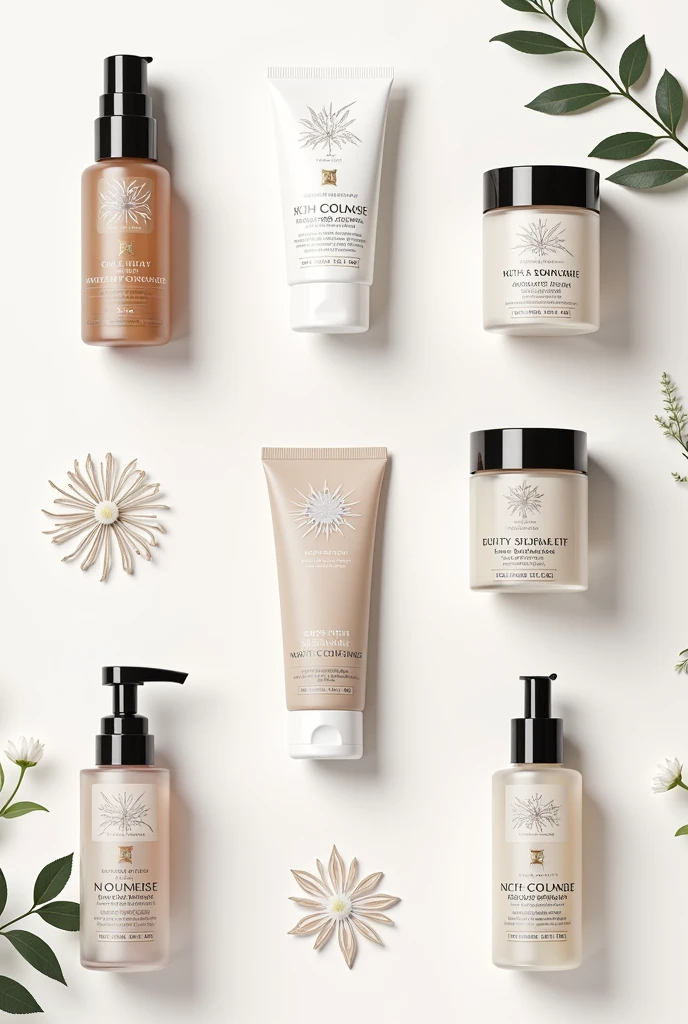 Catalogue of 6 cosmetic products for the skin, prices for each and an imaginary logo for sale