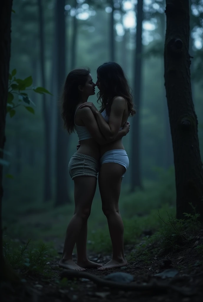 Girls are brutally penetrated by a boy's white penis in a forest at night 