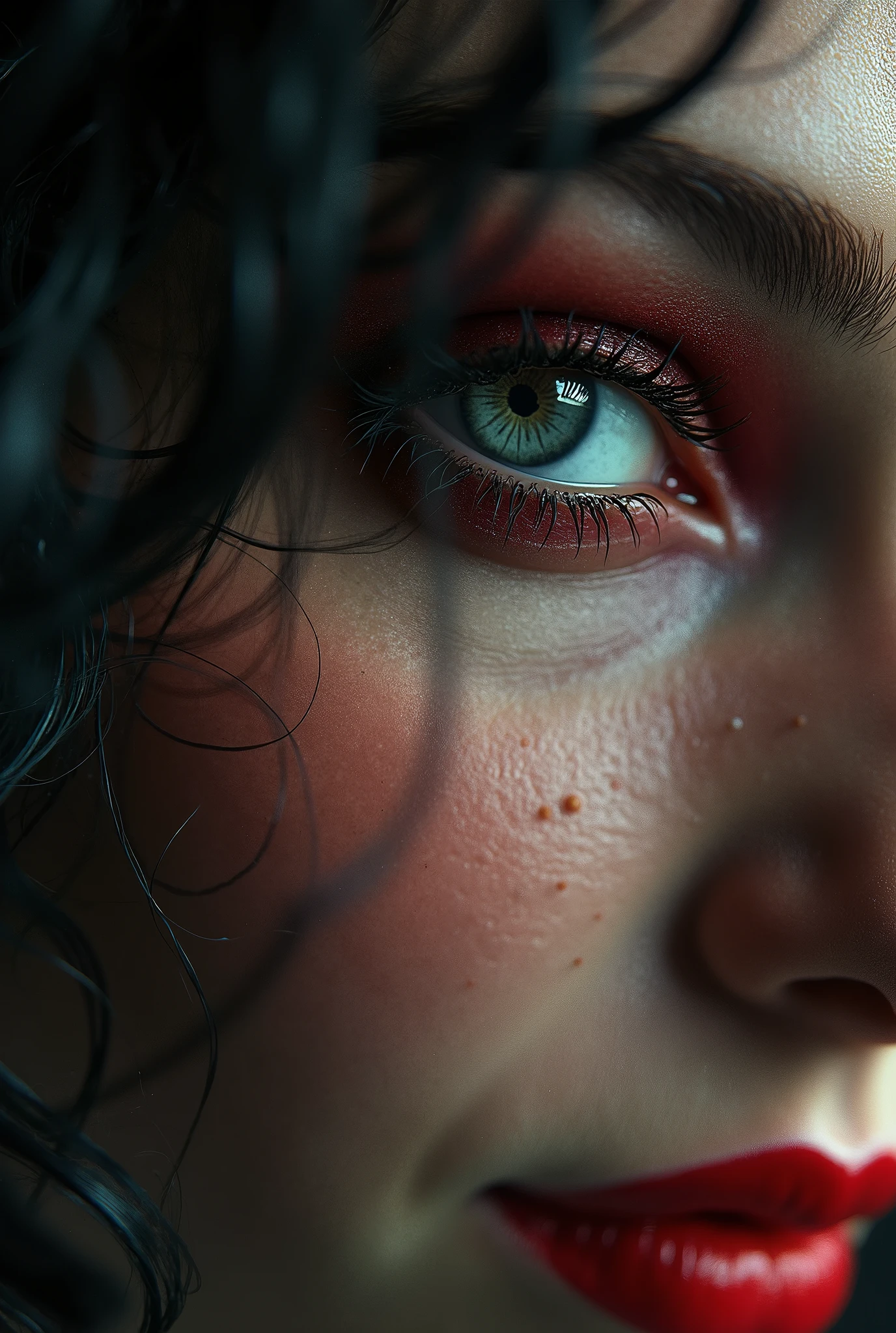 work of art, Arcane Jinx, intricately detailed background, (ultra HD, 8 k wallpaper, high resolution), cinematic lighting, awardwinning, extremely high detailed skin, Extra detailed face, high detail eyes, photorrealistic, Zeiss 85 mm F/1.4, by Ellen von Unwerth