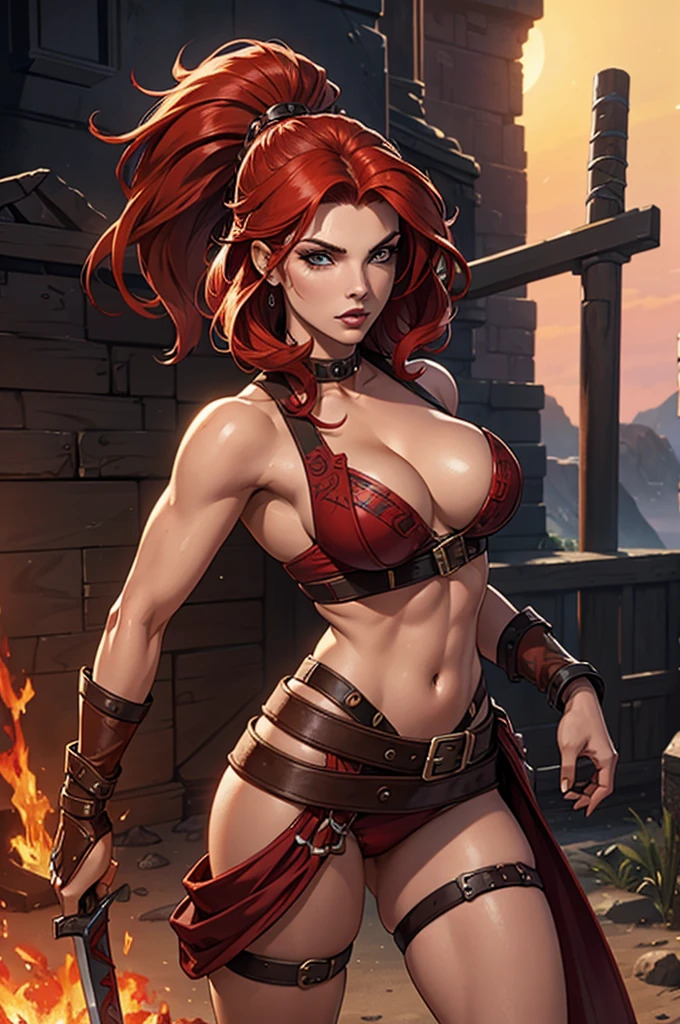 A woman with red hair, a very beautiful berserker woman, sultry body, with the face of Actress Ashley Greene, a barbarian pirate trailblazer, wearing a warrior's leather armor, wearing left eye patch, solid leather long boots, similar to Red Sonja, Marvel heroine style, 8k, best qualityer, appearing from head to toe, walking on the beach.
