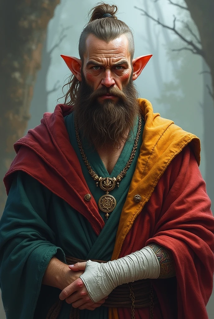 halfling monk, his face flushed with the agonies of the past. He has a Viking haircut and a braided beard. Colorful monk's clothes and a necklace with several symbols representing deities. A dagger on his belt and white bandages on his hands, covering an esoteric tattoo