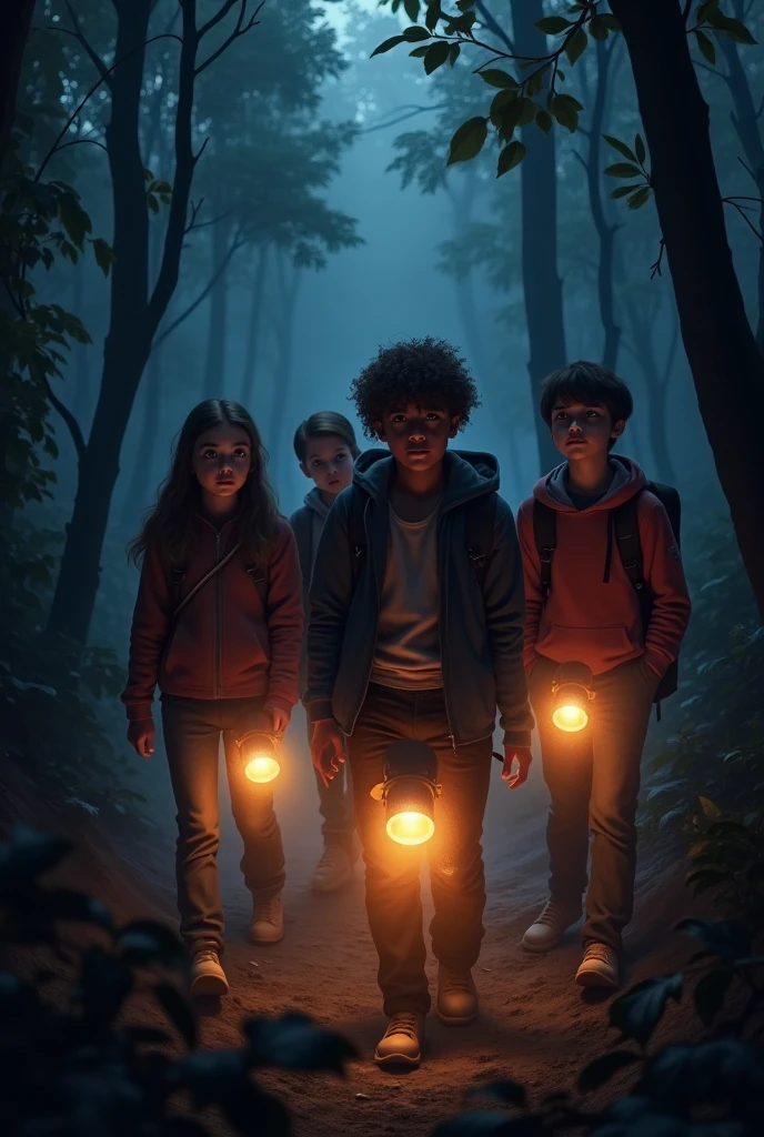 A group of young people at the edge of the forest, illuminated by flashlights, with determined and tense expressions. This indicates their courage in deciding to investigate the source of the red light. The nighttime setting and the shadows of the surrounding trees add a touch of suspense.