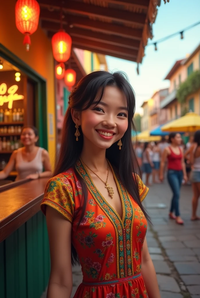 I need a happy Chinese woman in Salvador Bahia in front of the bar