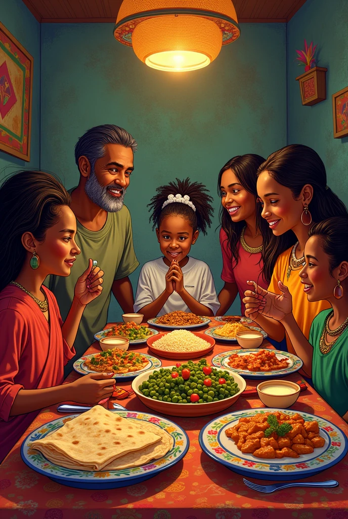 Ethiopian big family happy pictures with colorful drawing having dinner of locall food with injera and doro stew