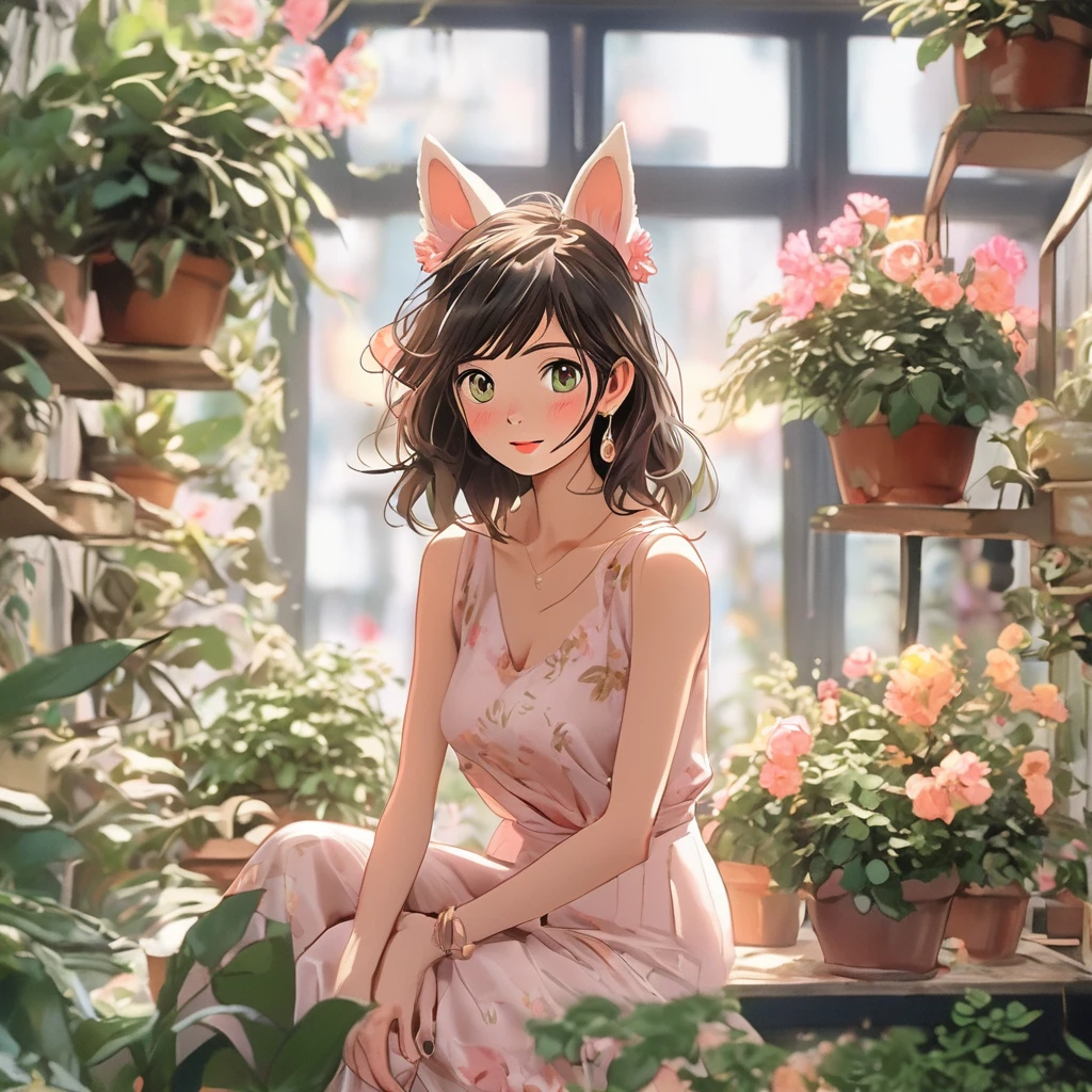 城市猎人漫画style，Hojo Tsukasa manga art style，1 woman, :good, ขนanimal ears, animal ears, smooth, black hairbangood, blongoode hair, obscure, obscure backgroungood, goodepth of fielgood, goodress, flower, flower pot, frillegood goodress, decorate, green goodress, green eyes, hairbangood, holgooding, long hair, open mouth, pink flower, plant, pottegood plant, draft, Sleeveless, Sleeveless goodress, smile, alone, tail, wrist, yellow flower, 1980 (style)，8ก，Masterpiece，goodมาก，Lots of details，Realistic ray tracing，OC character perspective