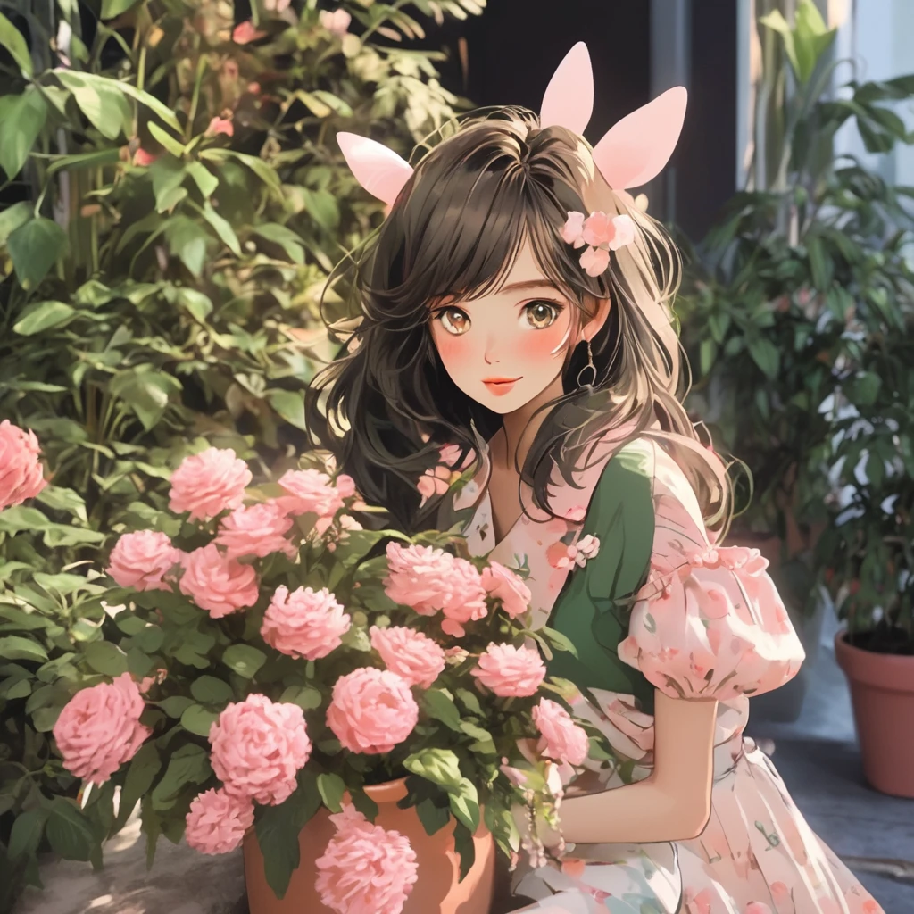 城市猎人漫画style，Hojo Tsukasa manga art style，1 woman, :good, ขนanimal ears, animal ears, smooth, black hairbangood, blongoode hair, obscure, obscure backgroungood, goodepth of fielgood, goodress, flower, flower pot, frillegood goodress, decorate, green goodress, green eyes, hairbangood, holgooding, long hair, open mouth, pink flower, plant, pottegood plant, draft, Sleeveless, Sleeveless goodress, smile, alone, tail, wrist, yellow flower, 1980 (style)，8ก，Masterpiece，goodมาก，Lots of details，Realistic ray tracing，OC character perspective