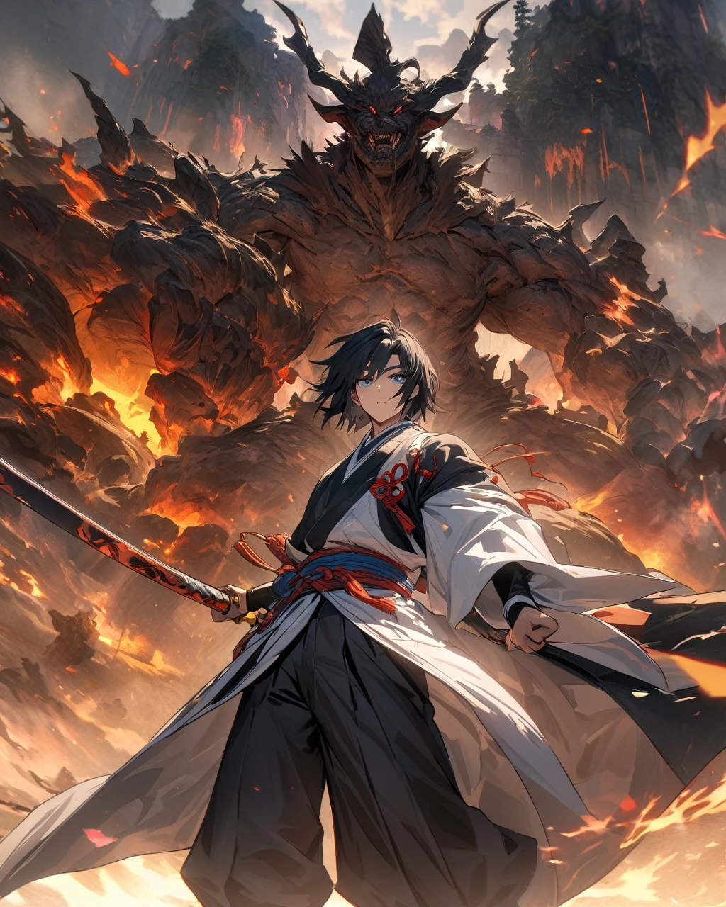 absurderes, high resolution, ultra detaild, HDR, work of art, best qualityer, extremly detailed face and eyes, Gyuu Tomioka, black hair long, Demon Slayer anime's black oni hunter uniform, expressive dark blue eyes, anime kimetsu no yaiba, standing alone, sexy man, bonitas, waterfall, moonligh, fancy, chains, fire flies