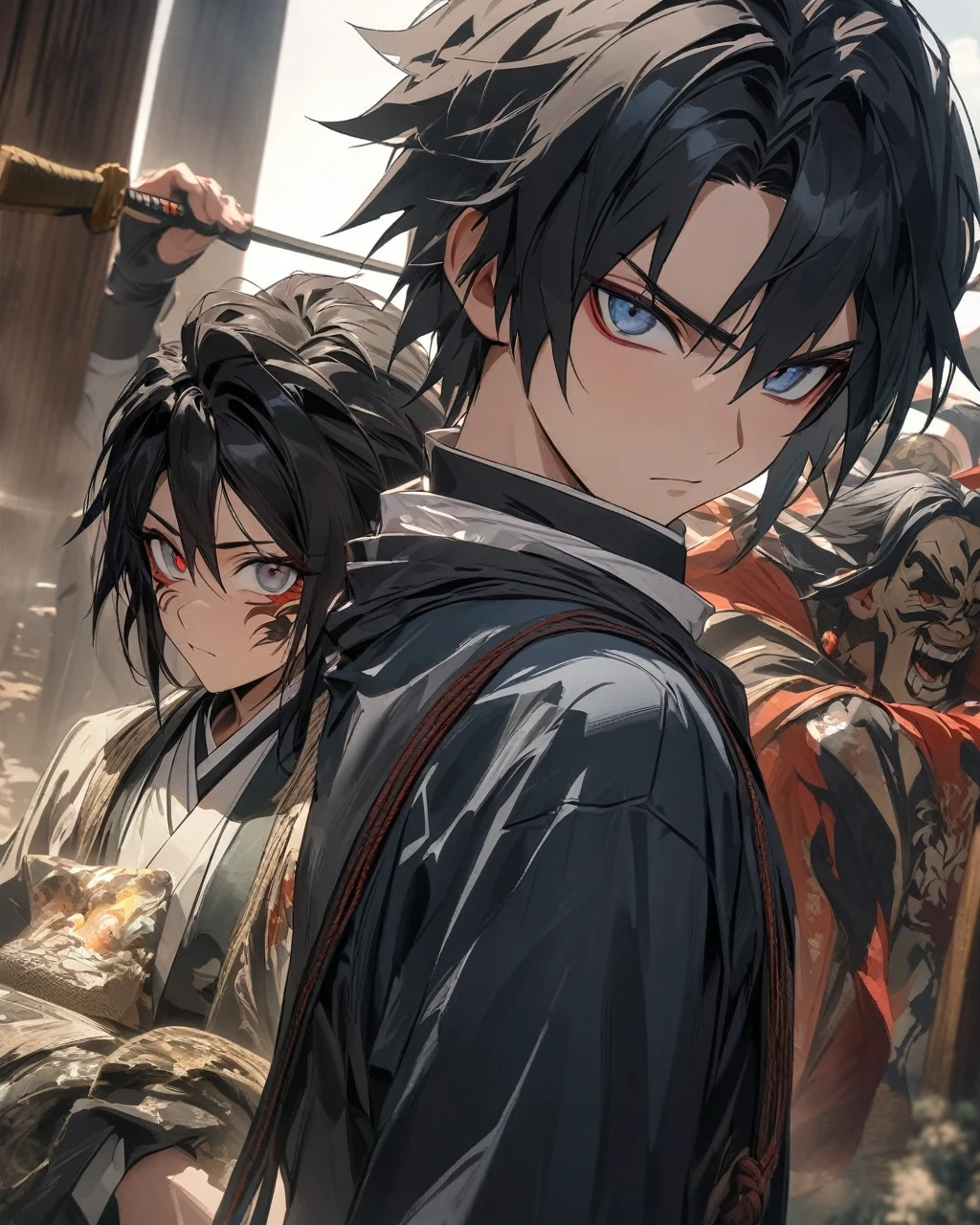 absurderes, high resolution, ultra detaild, HDR, work of art, best qualityer, extremly detailed face and eyes, Gyuu Tomioka, black hair long, Demon Slayer anime's black oni hunter uniform, expressive dark blue eyes, anime kimetsu no yaiba, standing alone, sexy man, bonitas, waterfall, moonligh, fancy, chains, fire flies