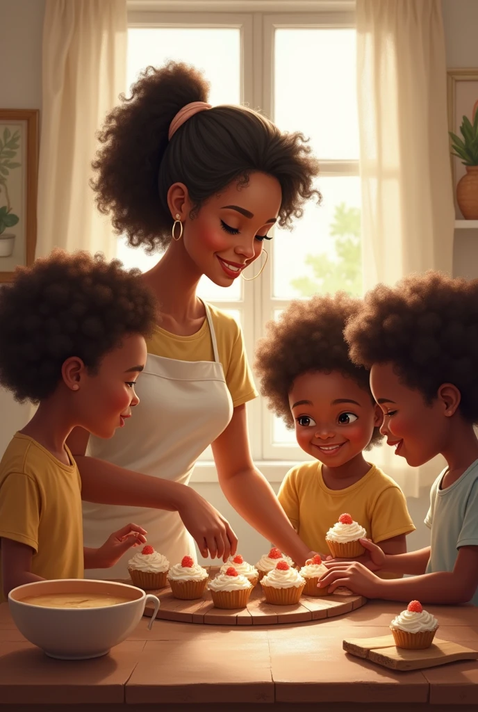 Our Lady with children of different ethnicities, light and dark skin tones, coily hair, curly hair and straight hair preparing cupcakes